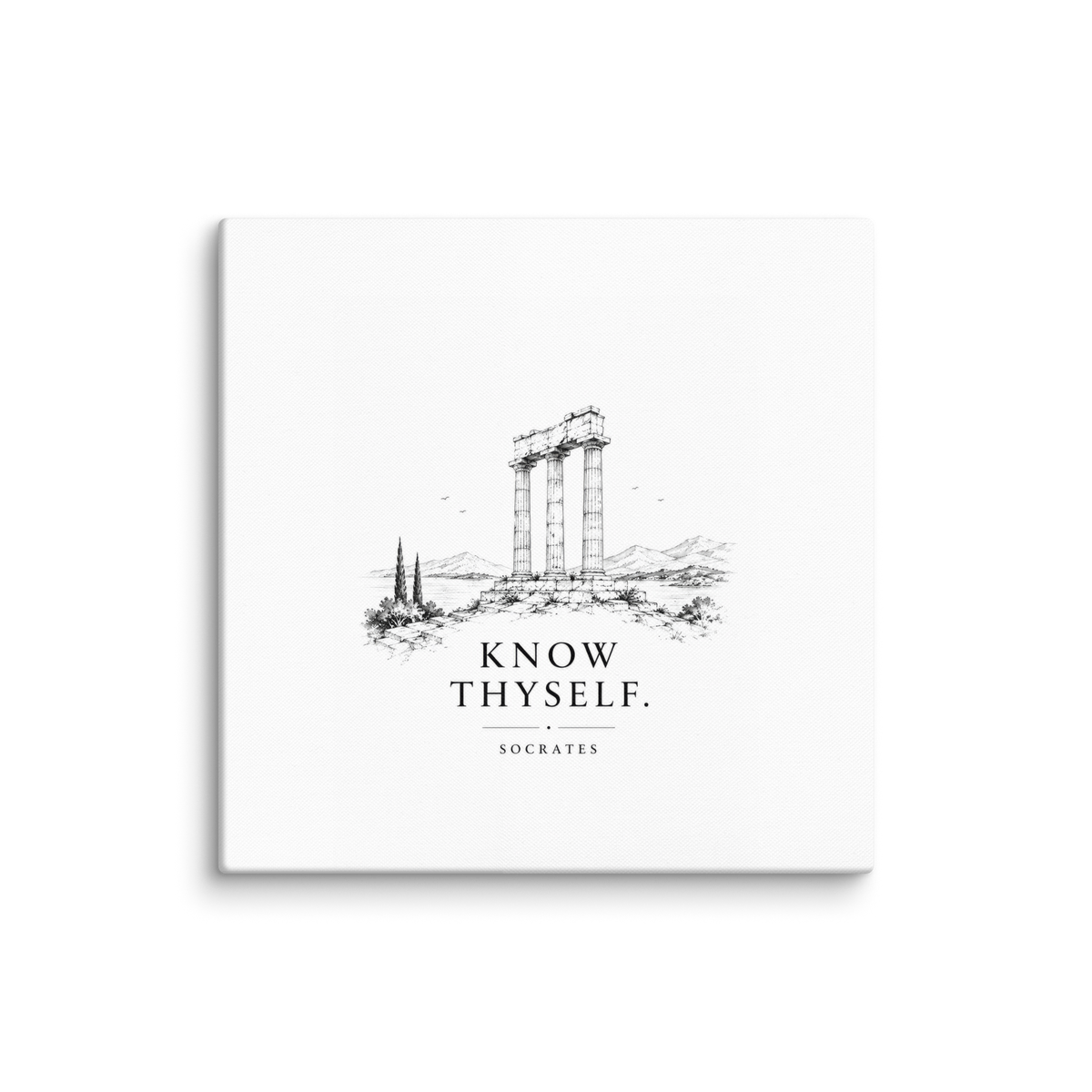 Canvas wall art featuring classical ruins and the Know Thyself maxim, 18″×18″ size.