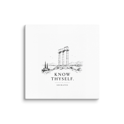 Canvas wall art featuring classical ruins and the Know Thyself maxim, 18″×18″ size.