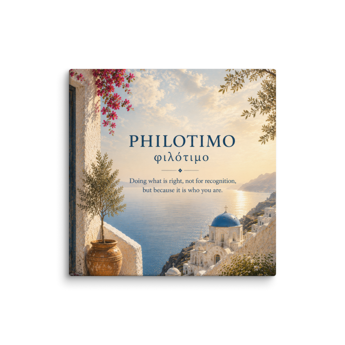 Canvas wall art featuring a minimalist design around the Greek concept of philotimo, 18″×18″ size.