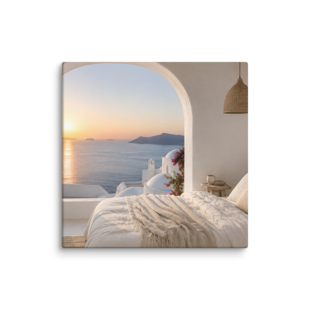 Illustrated Greek-island bedroom scene with whitewashed walls and sea-blue light, 18″×18″ size.