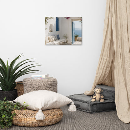 Illustrated Cycladic courtyard scene in white, blue, and stone tones — additional product photo.