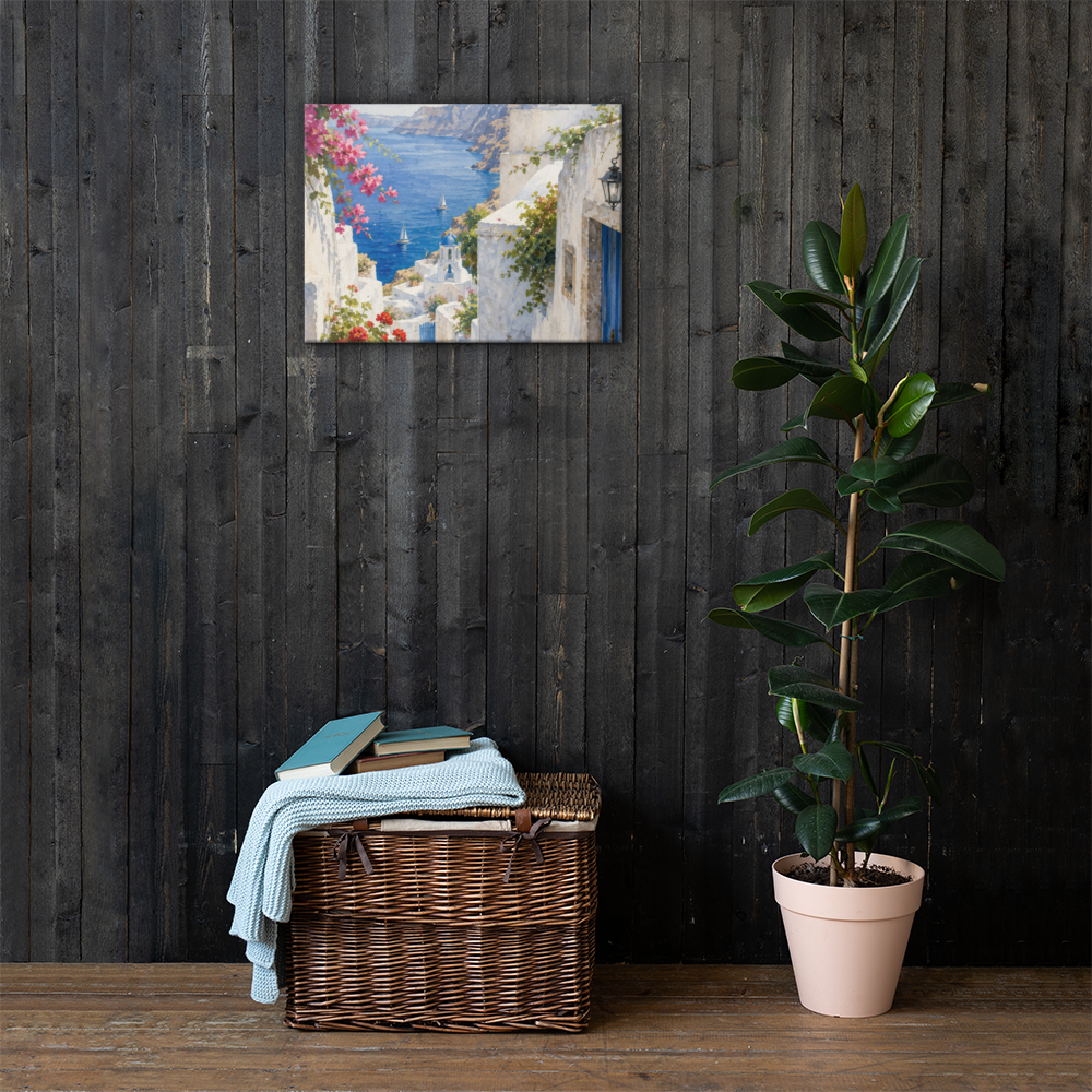 Canvas wall art featuring an illustrated Santorini courtyard scene, 18″×24″ size.