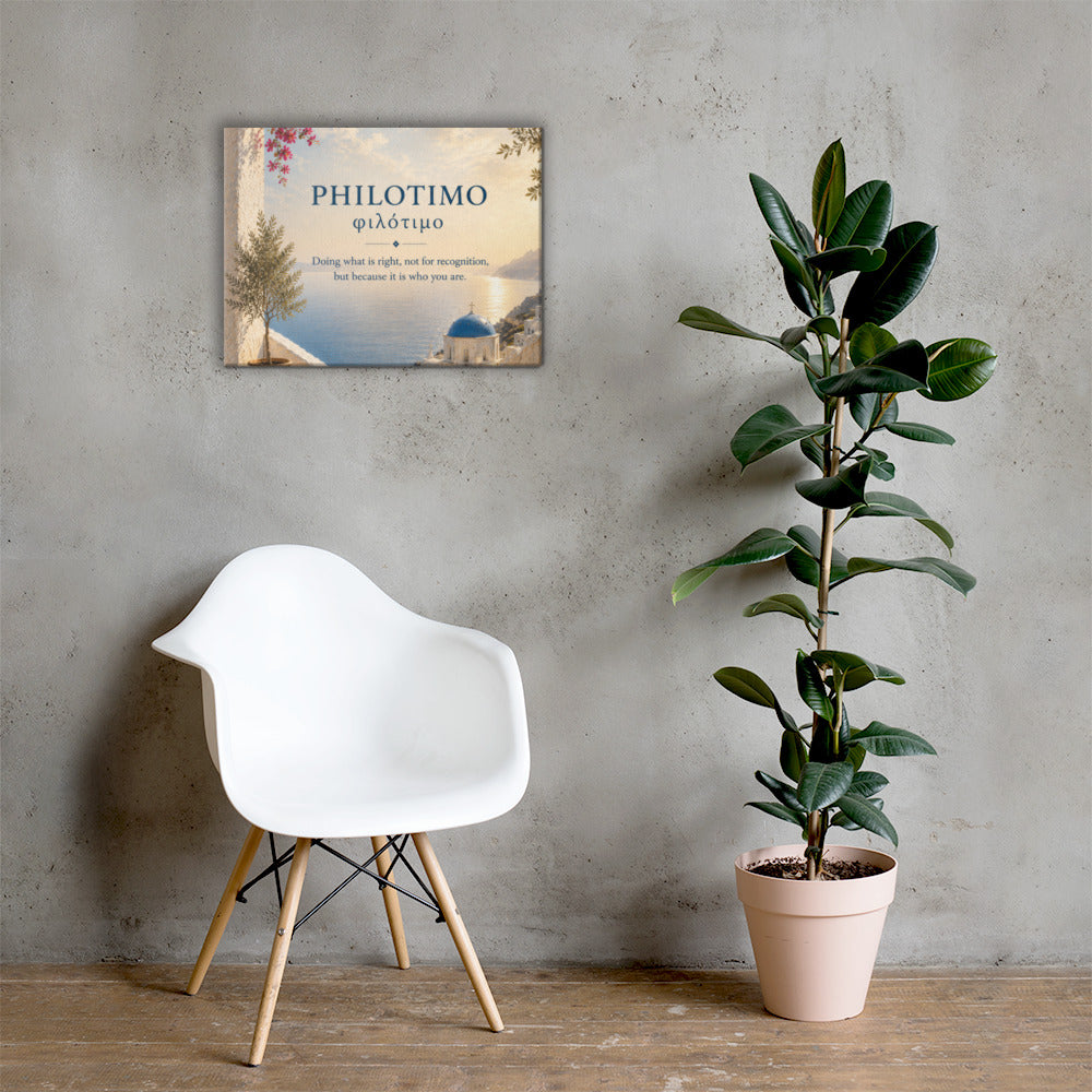 Canvas wall art featuring a minimalist design around the Greek concept of philotimo, 18″×24″ size.