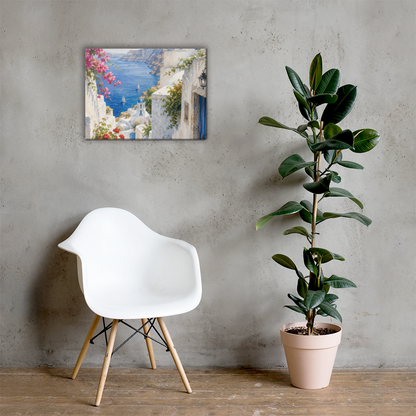 Canvas wall art featuring an illustrated Santorini courtyard scene.