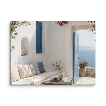 Illustrated Cycladic courtyard scene in white, blue, and stone tones, 18″×24″ size.