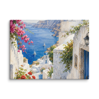 Canvas wall art featuring an illustrated Santorini courtyard scene — additional product photo.