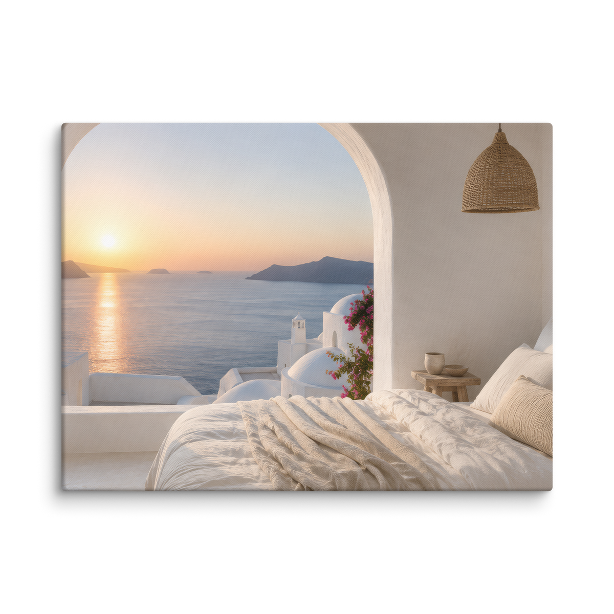 Illustrated Greek-island bedroom scene with whitewashed walls and sea-blue light, 18″×24″ size.