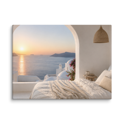 Illustrated Greek-island bedroom scene with whitewashed walls and sea-blue light, 18″×24″ size.