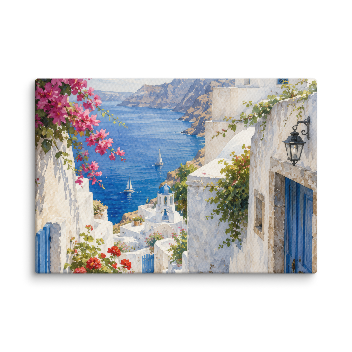 Canvas wall art featuring an illustrated Santorini courtyard scene, 18″×26″ size.