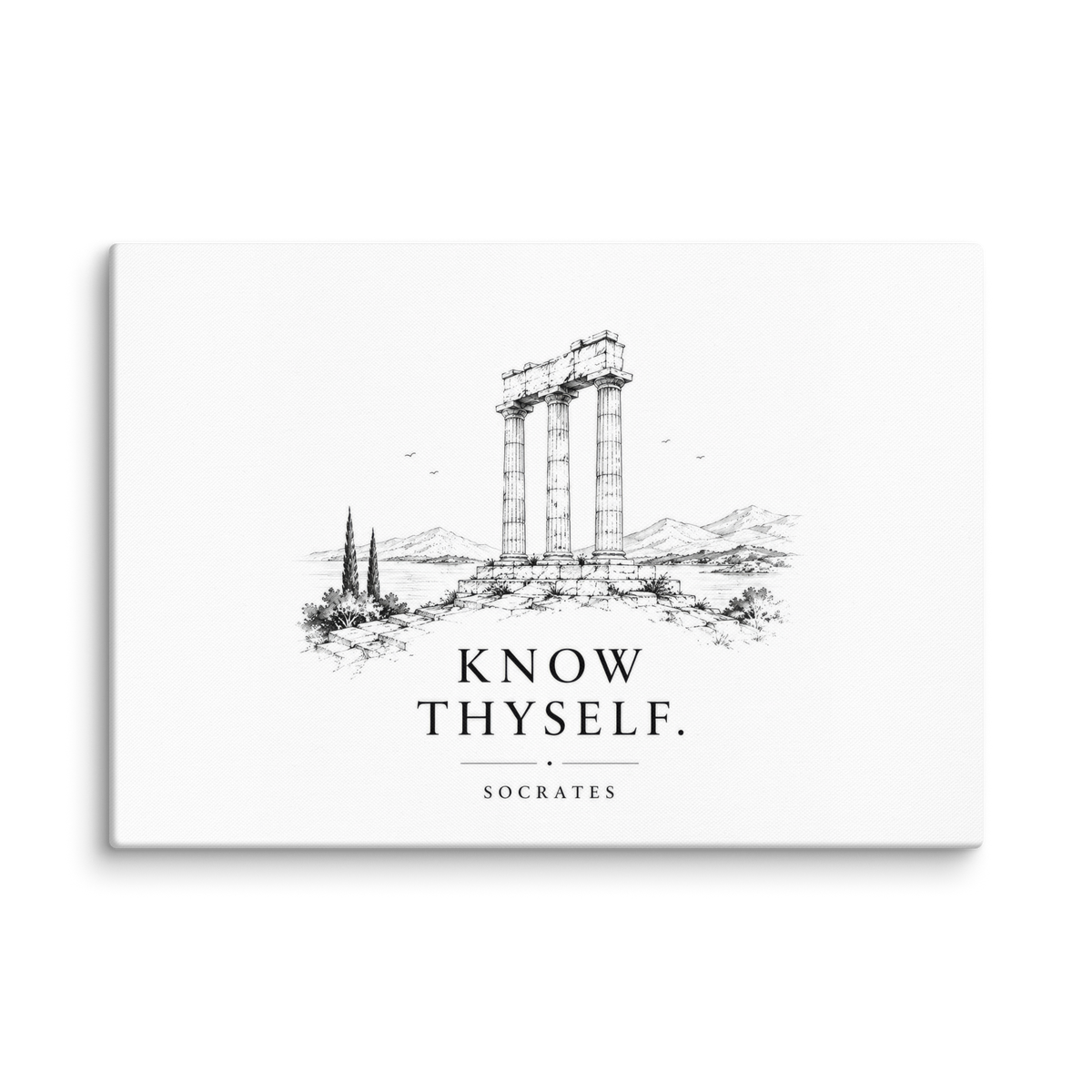 Canvas wall art featuring classical ruins and the Know Thyself maxim, 18″×26″ size.
