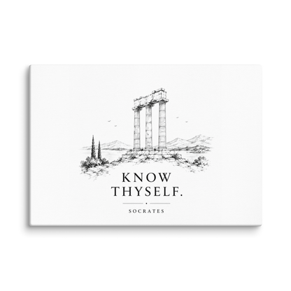 Canvas wall art featuring classical ruins and the Know Thyself maxim, 18″×26″ size.