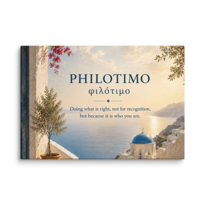Canvas wall art featuring a minimalist design around the Greek concept of philotimo, 18″×26″ size.