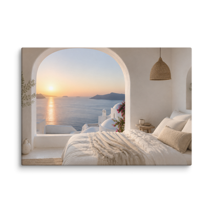 Illustrated Greek-island bedroom scene with whitewashed walls and sea-blue light, 18″×26″ size.