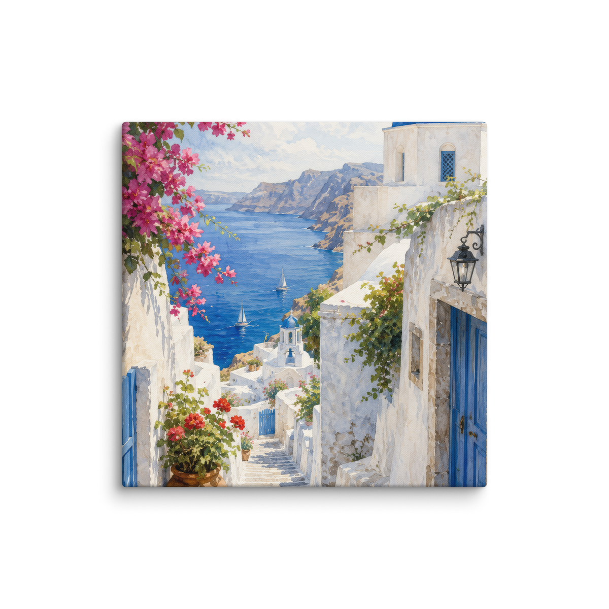 Canvas wall art featuring an illustrated Santorini courtyard scene, 20″×20″ size.