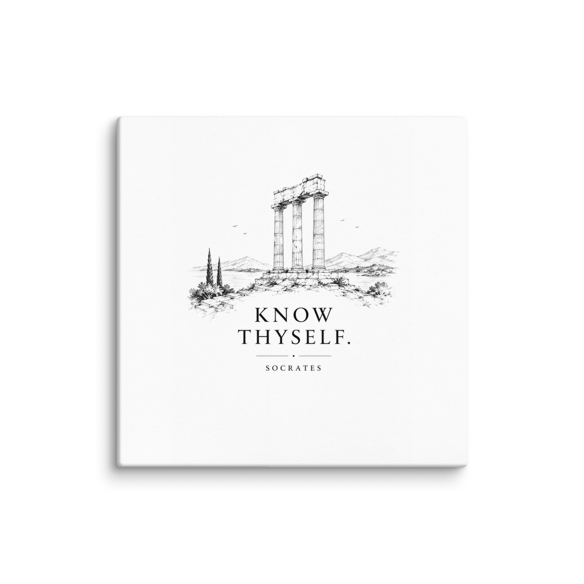 Canvas wall art featuring classical ruins and the Know Thyself maxim, 20″×20″ size.