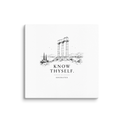 Canvas wall art featuring classical ruins and the Know Thyself maxim, 20″×20″ size.