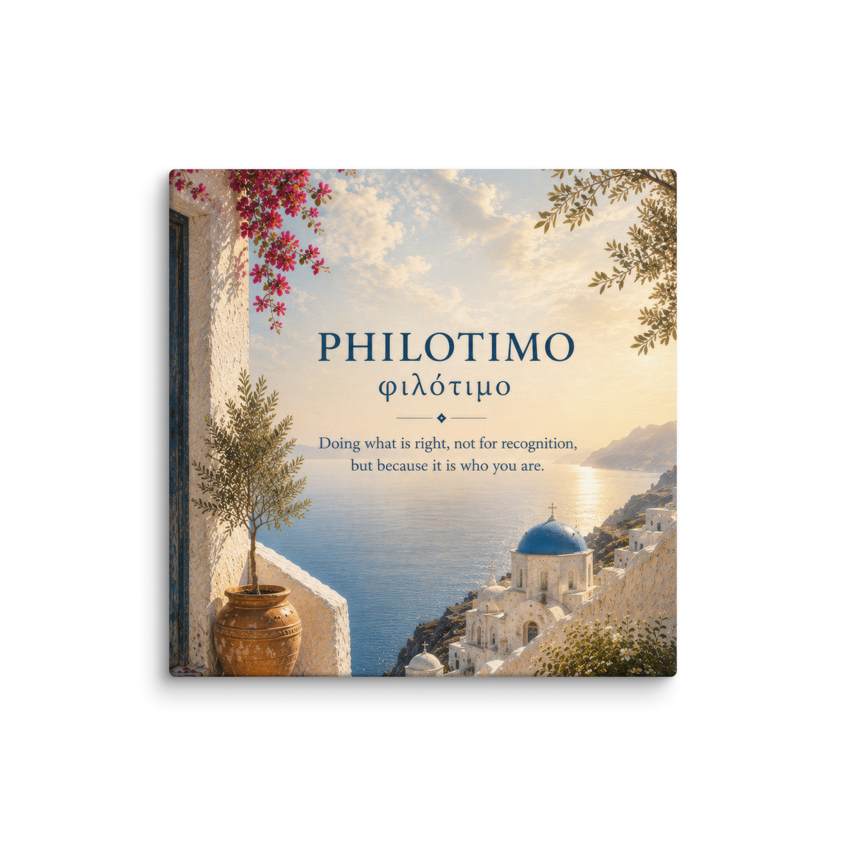 Canvas wall art featuring a minimalist design around the Greek concept of philotimo, 20″×20″ size.