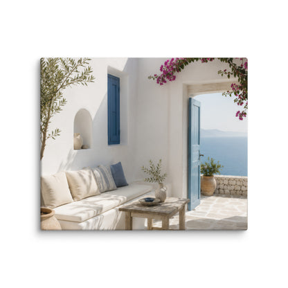 Illustrated Cycladic courtyard scene in white, blue, and stone tones, 20″×24″ size.