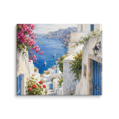 Canvas wall art featuring an illustrated Santorini courtyard scene, 20″×24″ size.