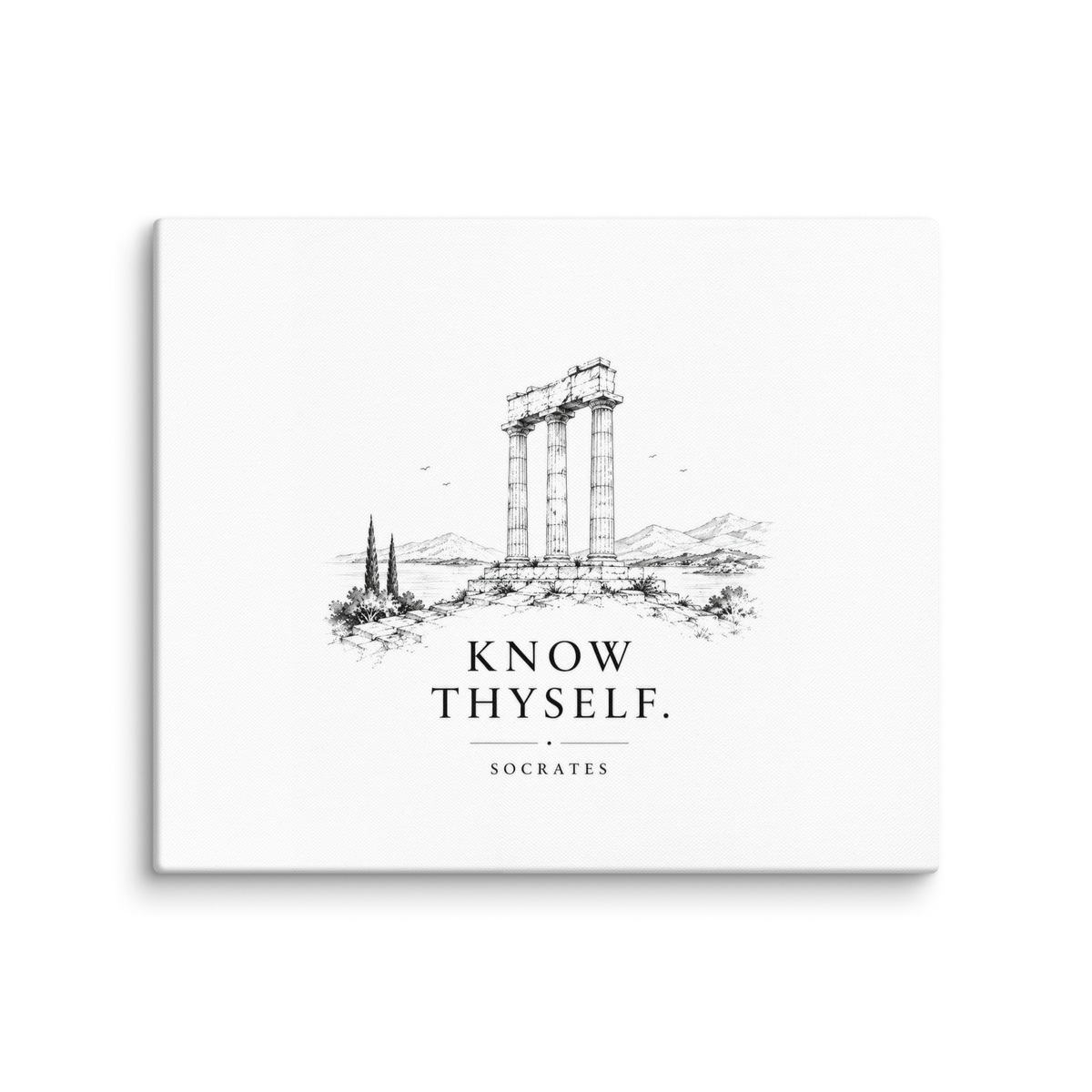 Canvas wall art featuring classical ruins and the Know Thyself maxim, 20″×24″ size.