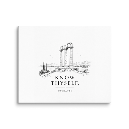 Canvas wall art featuring classical ruins and the Know Thyself maxim, 20″×24″ size.