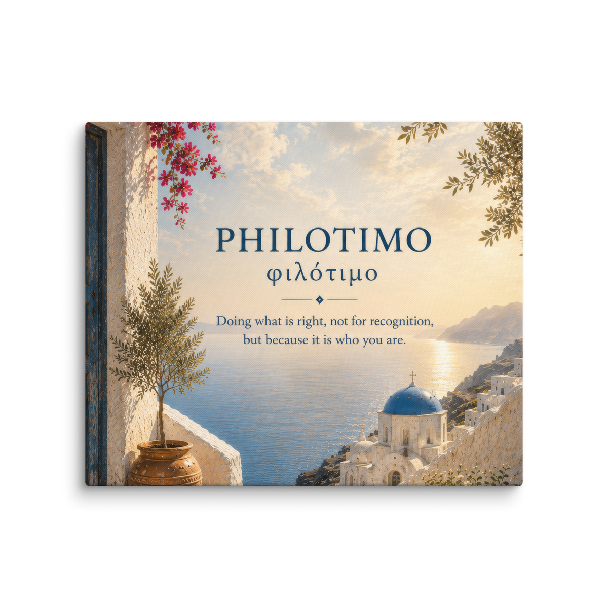 Canvas wall art featuring a minimalist design around the Greek concept of philotimo, 20″×24″ size.