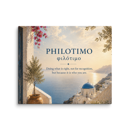 Canvas wall art featuring a minimalist design around the Greek concept of philotimo, 20″×24″ size.