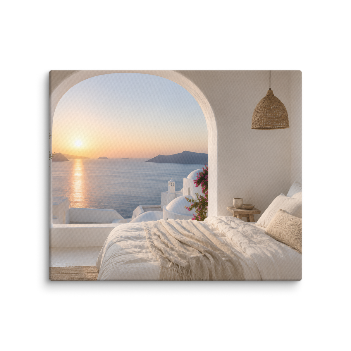 Illustrated Greek-island bedroom scene with whitewashed walls and sea-blue light, 20″×24″ size.