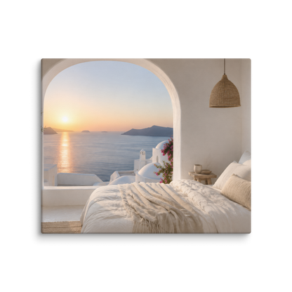 Illustrated Greek-island bedroom scene with whitewashed walls and sea-blue light, 20″×24″ size.