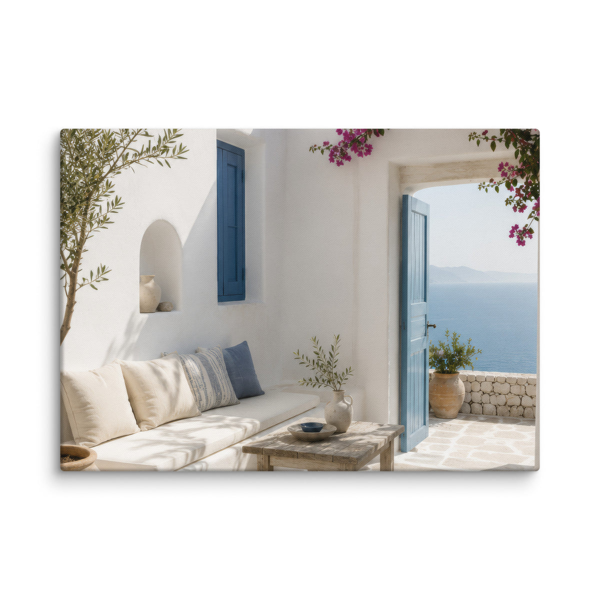 Illustrated Cycladic courtyard scene in white, blue, and stone tones, 20″×28″ size.