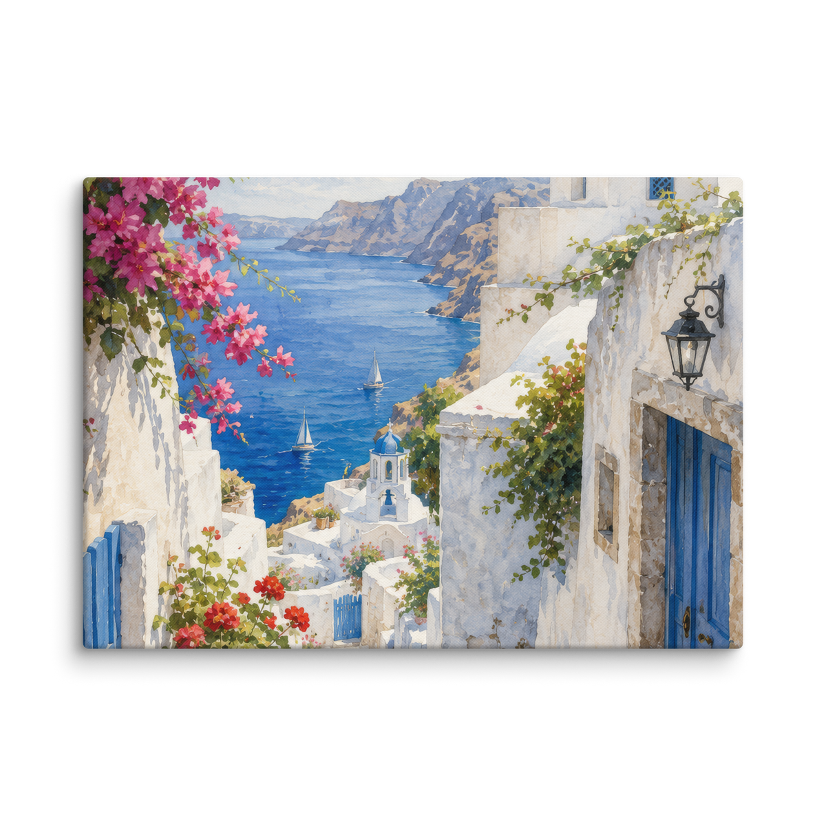 Canvas wall art featuring an illustrated Santorini courtyard scene, 20″×28″ size.