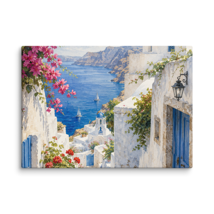 Canvas wall art featuring an illustrated Santorini courtyard scene, 20″×28″ size.