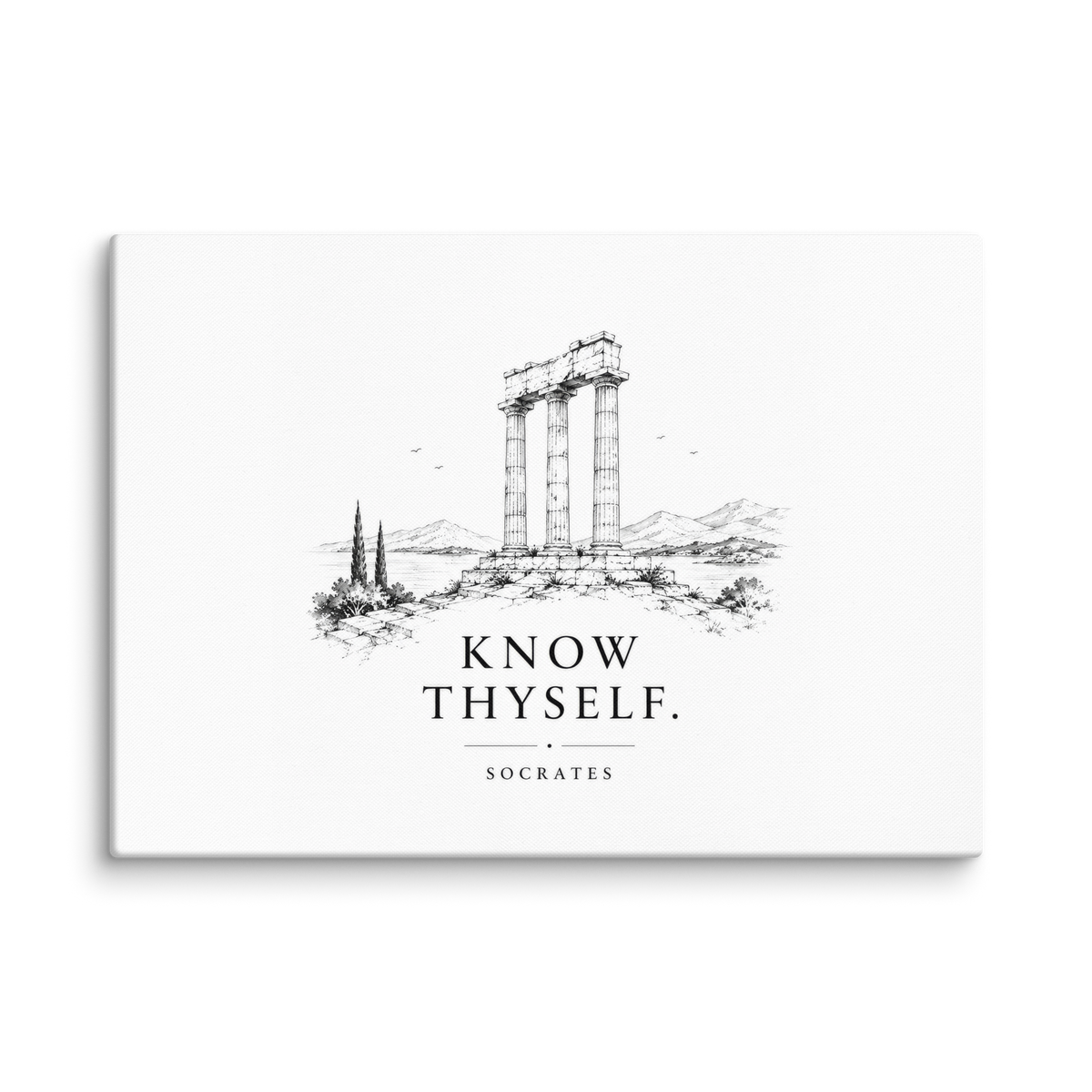Canvas wall art featuring classical ruins and the Know Thyself maxim, 20″×28″ size.