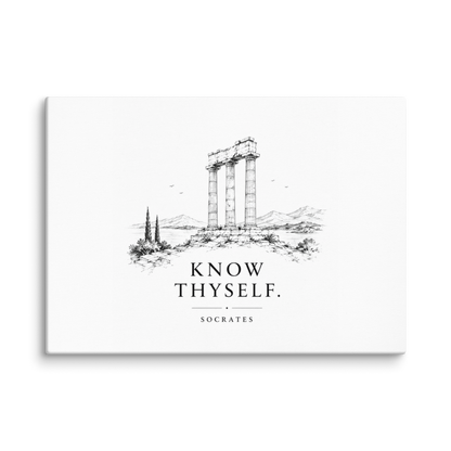 Canvas wall art featuring classical ruins and the Know Thyself maxim, 20″×28″ size.