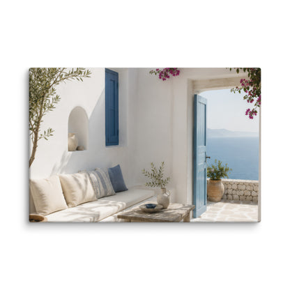 Illustrated Cycladic courtyard scene in white, blue, and stone tones, 20″×30″ size.
