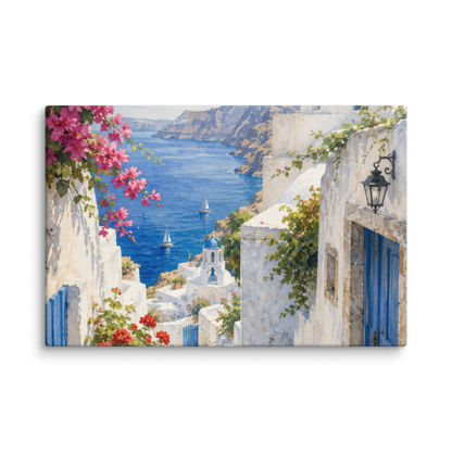 Canvas wall art featuring an illustrated Santorini courtyard scene, 20″×30″ size.