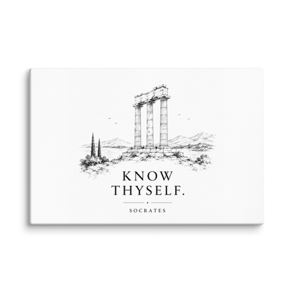 Canvas wall art featuring classical ruins and the Know Thyself maxim, 20″×30″ size.