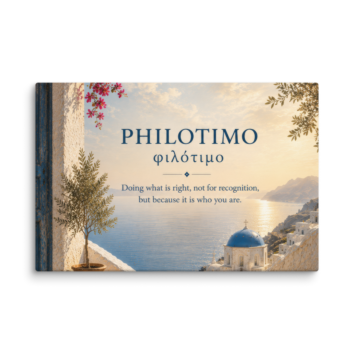 Canvas wall art featuring a minimalist design around the Greek concept of philotimo, 20″×30″ size.