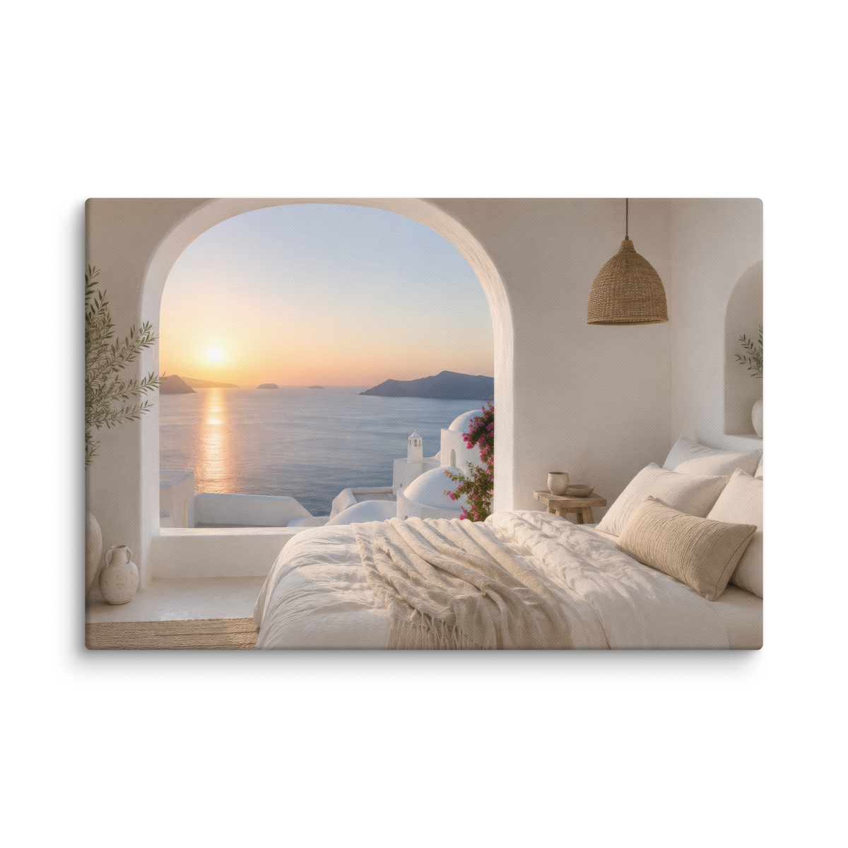 Illustrated Greek-island bedroom scene with whitewashed walls and sea-blue light, 20″×30″ size.