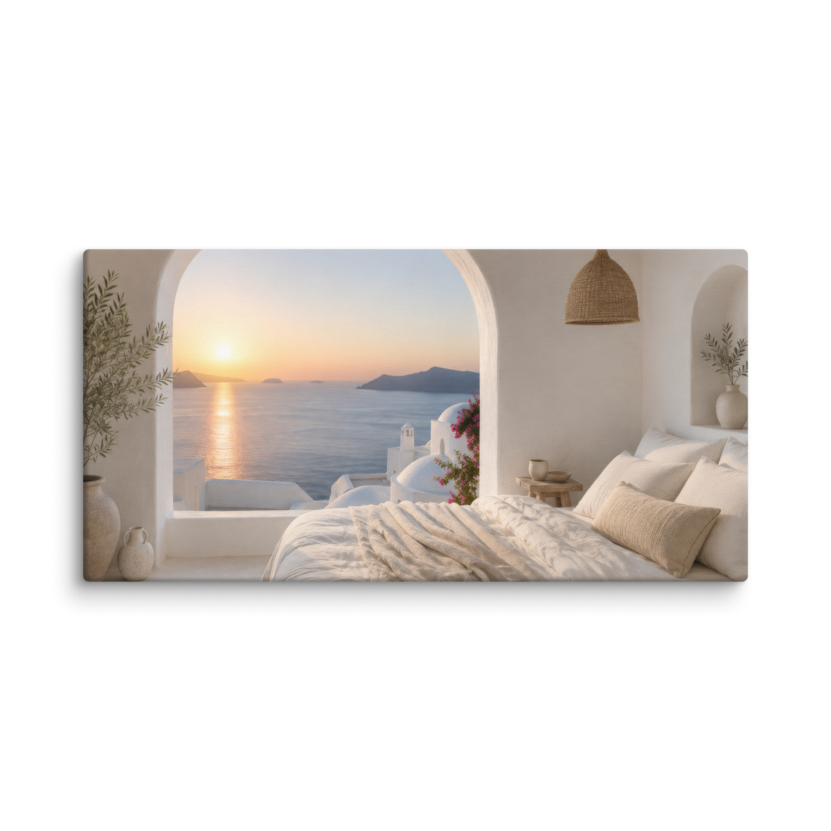 Illustrated Greek-island bedroom scene with whitewashed walls and sea-blue light, 20″×40″ size.