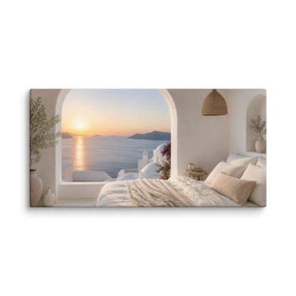 Illustrated Greek-island bedroom scene with whitewashed walls and sea-blue light, 20″×40″ size.