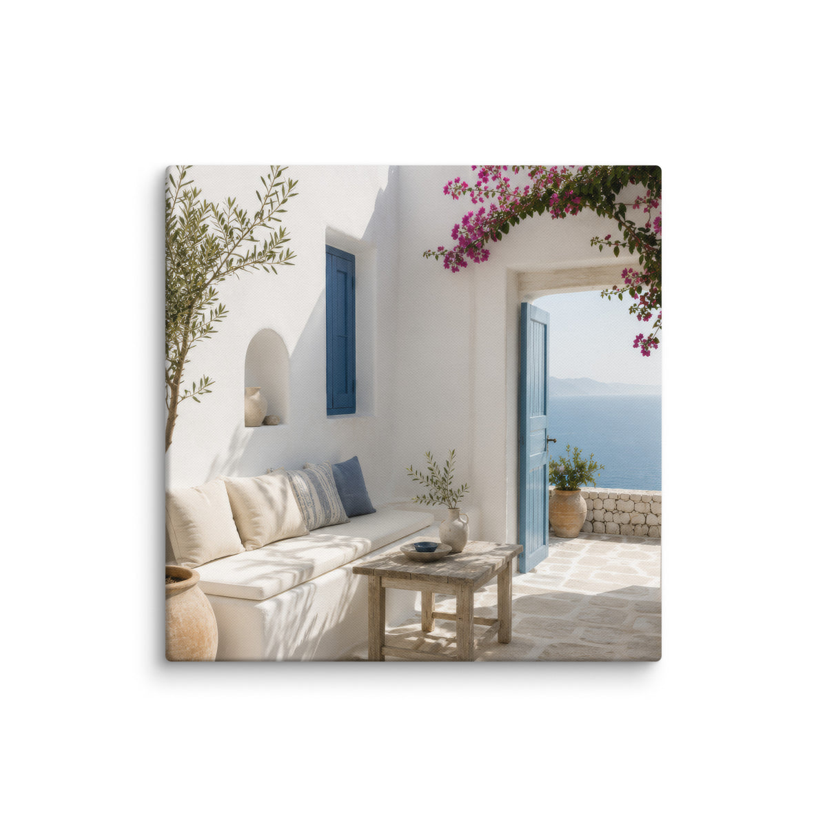 Illustrated Cycladic courtyard scene in white, blue, and stone tones, 24″×24″ size.
