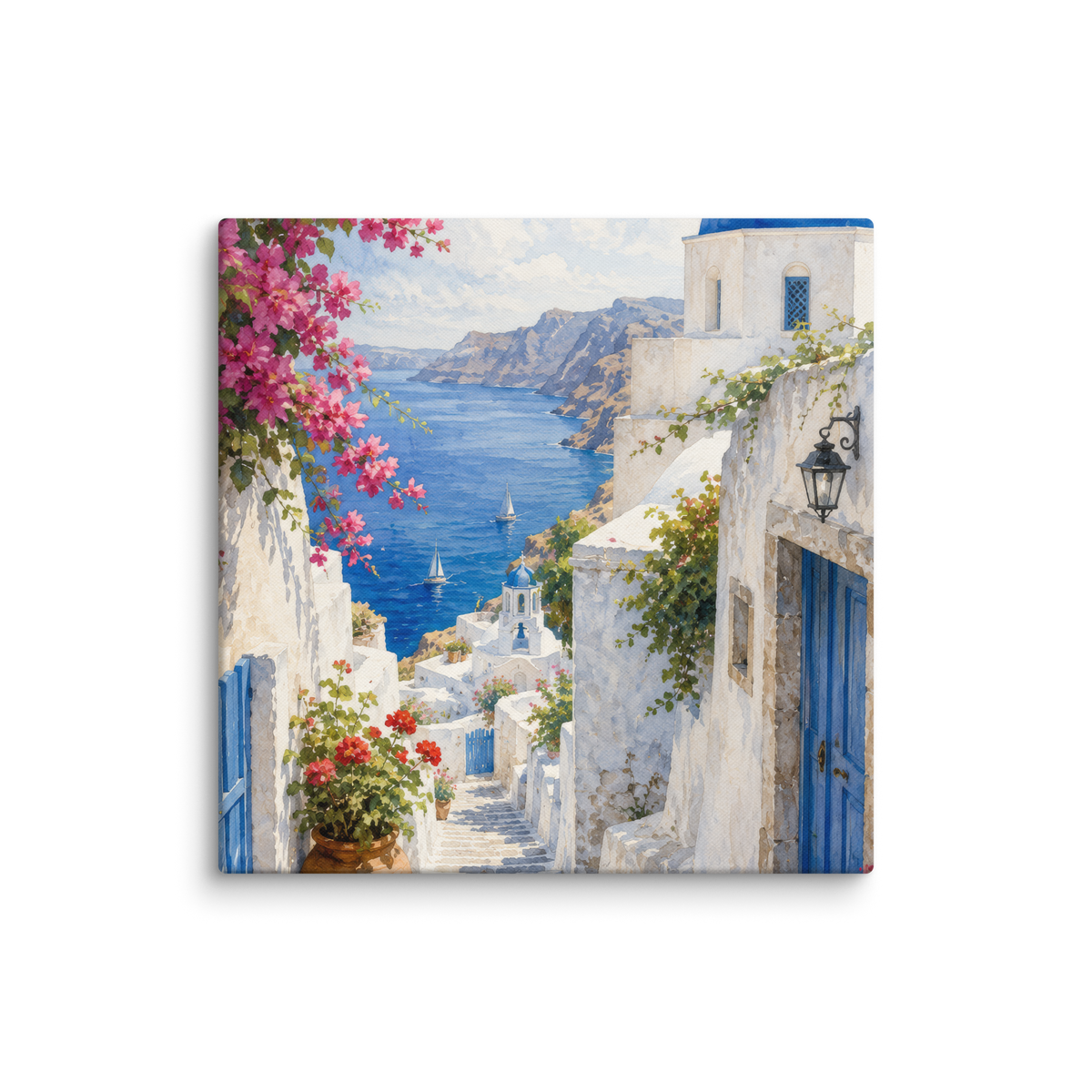 Canvas wall art featuring an illustrated Santorini courtyard scene, 24″×24″ size.