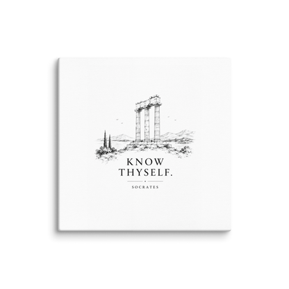 Canvas wall art featuring classical ruins and the Know Thyself maxim, 24″×24″ size.