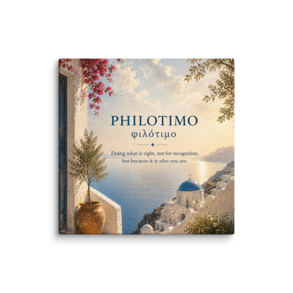 Canvas wall art featuring a minimalist design around the Greek concept of philotimo, 24″×24″ size.