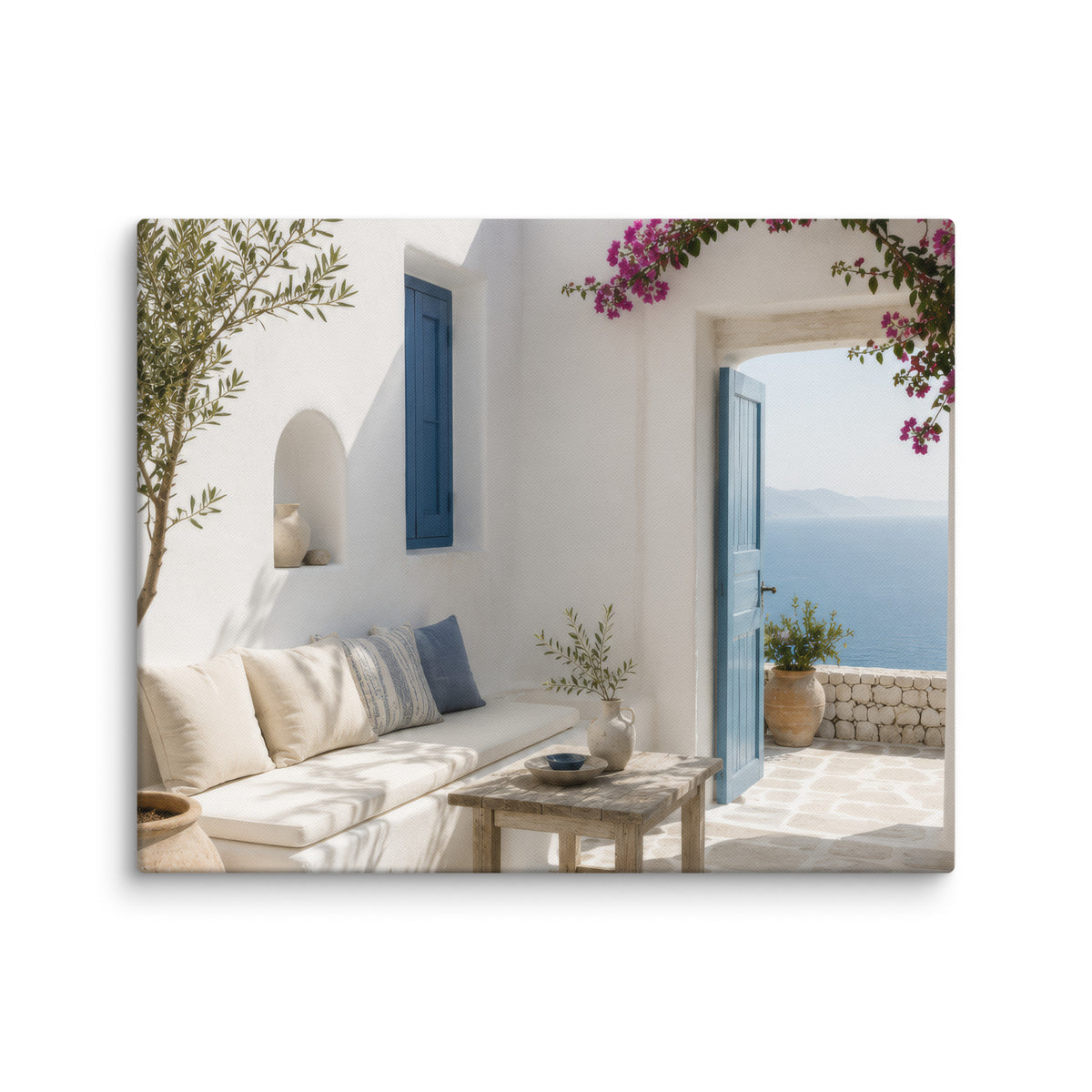 Illustrated Cycladic courtyard scene in white, blue, and stone tones, 24″×30″ size.