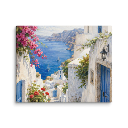 Canvas wall art featuring an illustrated Santorini courtyard scene, 24″×30″ size.