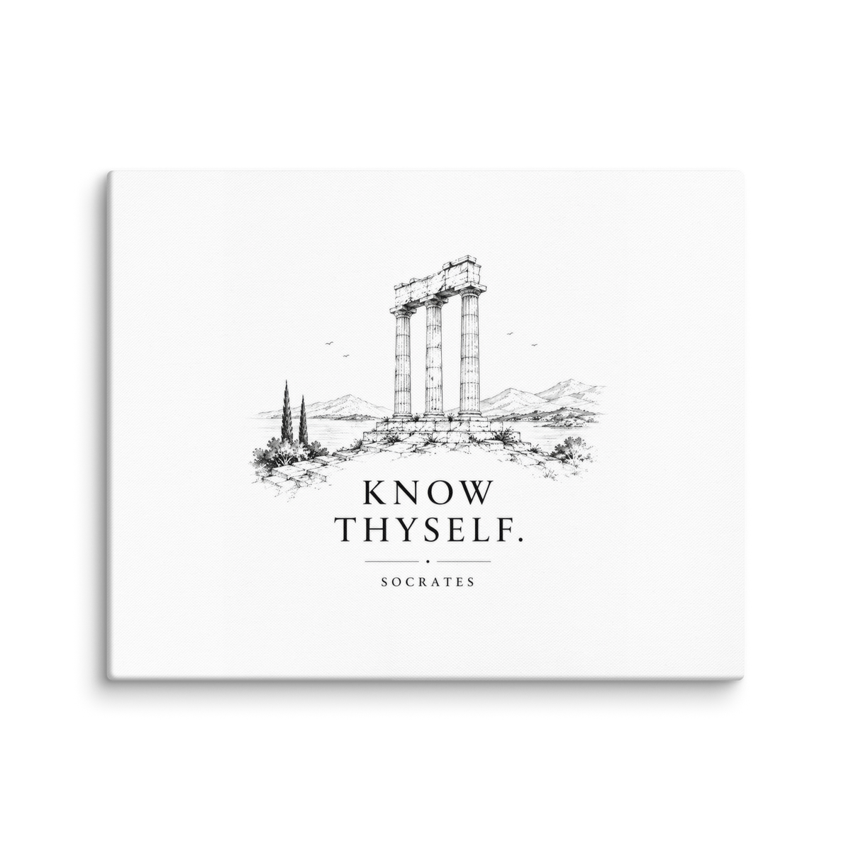Canvas wall art featuring classical ruins and the Know Thyself maxim, 24″×30″ size.