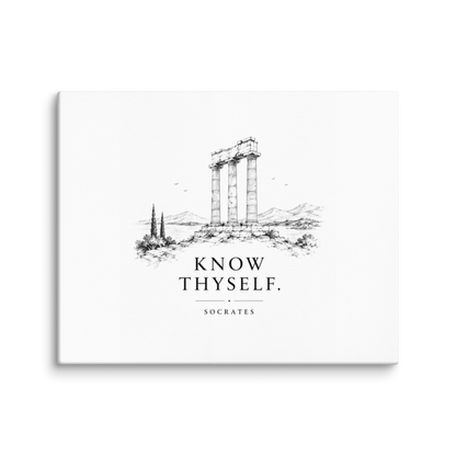 Canvas wall art featuring classical ruins and the Know Thyself maxim, 24″×30″ size.