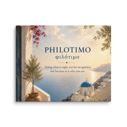 Canvas wall art featuring a minimalist design around the Greek concept of philotimo, 24″×30″ size.